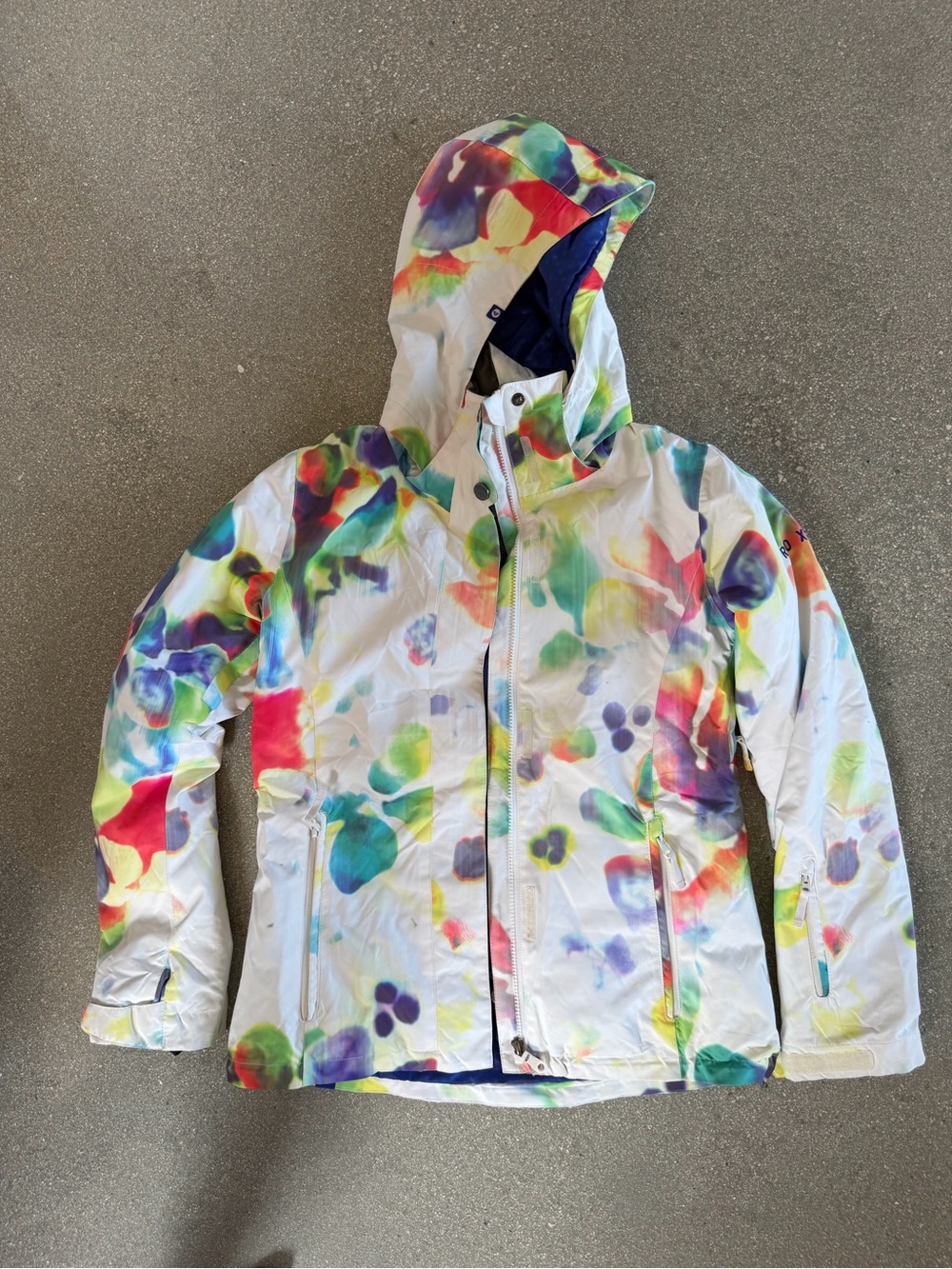 Roxy Girls White Hooded Raincoat with Multicolor Watercolor Print